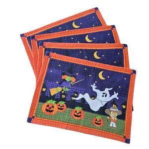 Vtg Y2K Set 4 Quilted Halloween Placemats Cowboy Ghost Witch Pumpkin Fall Autumn